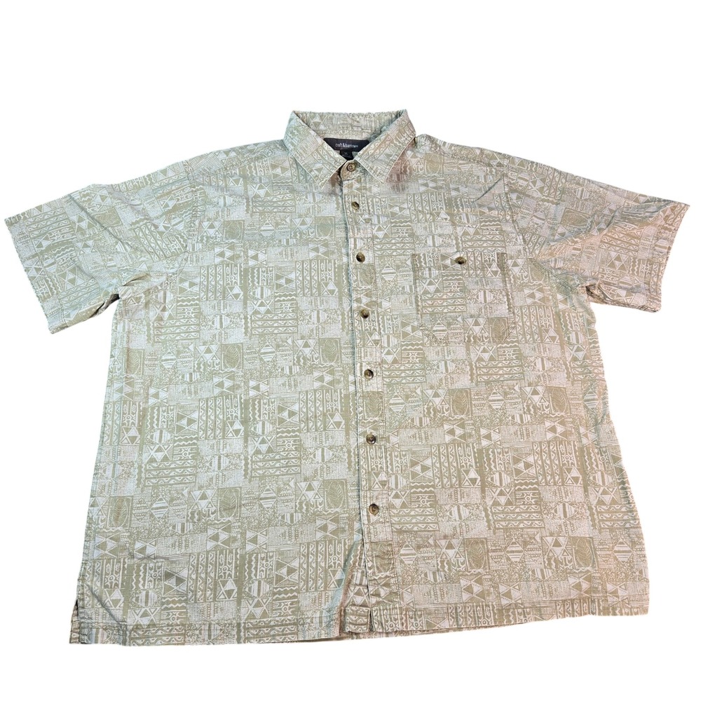 Croft & Barrow Men's XL Short Sleeve Button Down Shirt Olive Green Tribal Print